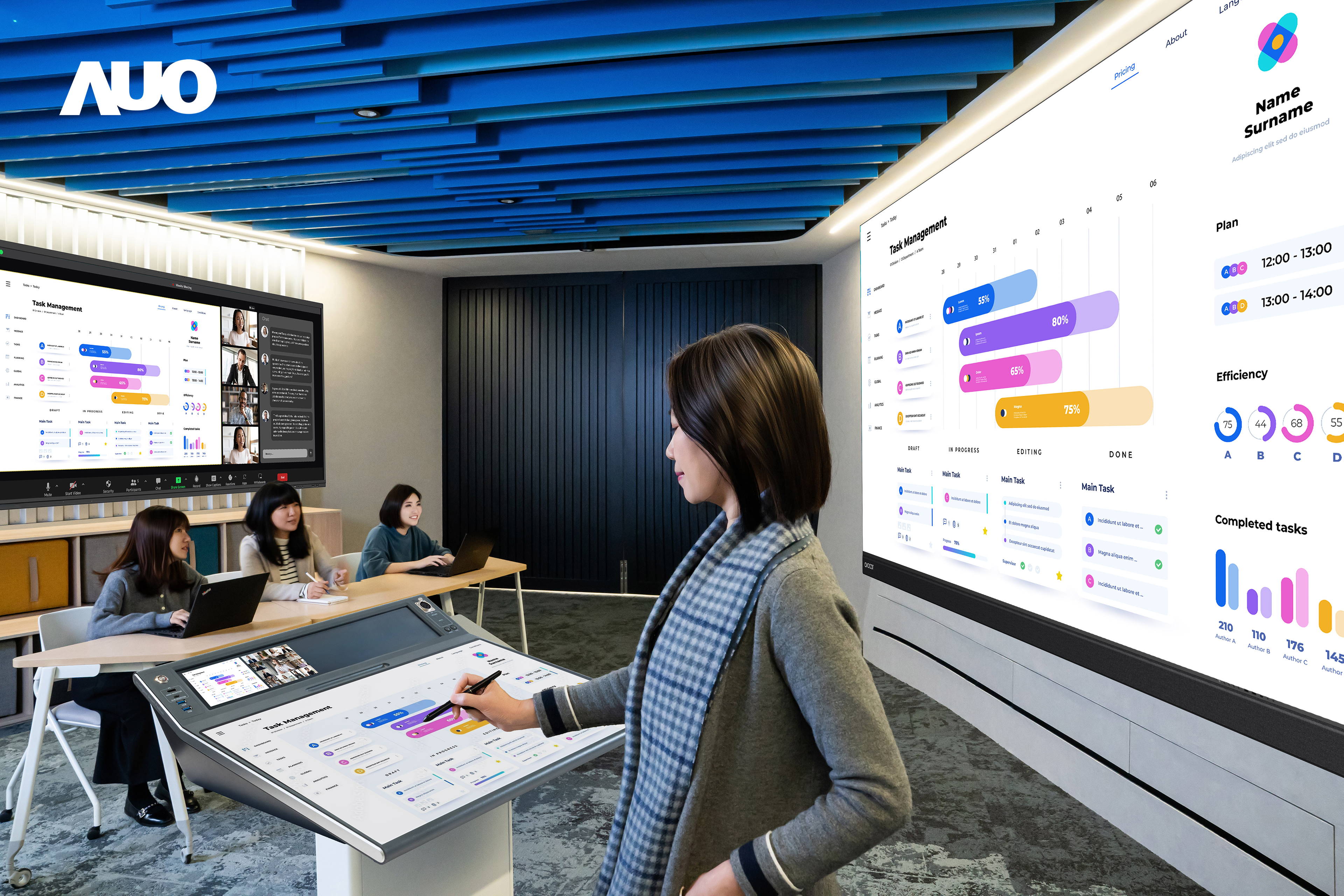 达擎携手Avocor与Rise Vision展示全方位商务领域应用，包含采用模块化设计的138吋一体式All-in-One LED显示器及具21:9超宽比例的92吋交互式电子白板（IFPD），讲者可轻松分享内容，有效提升会议协作效率。